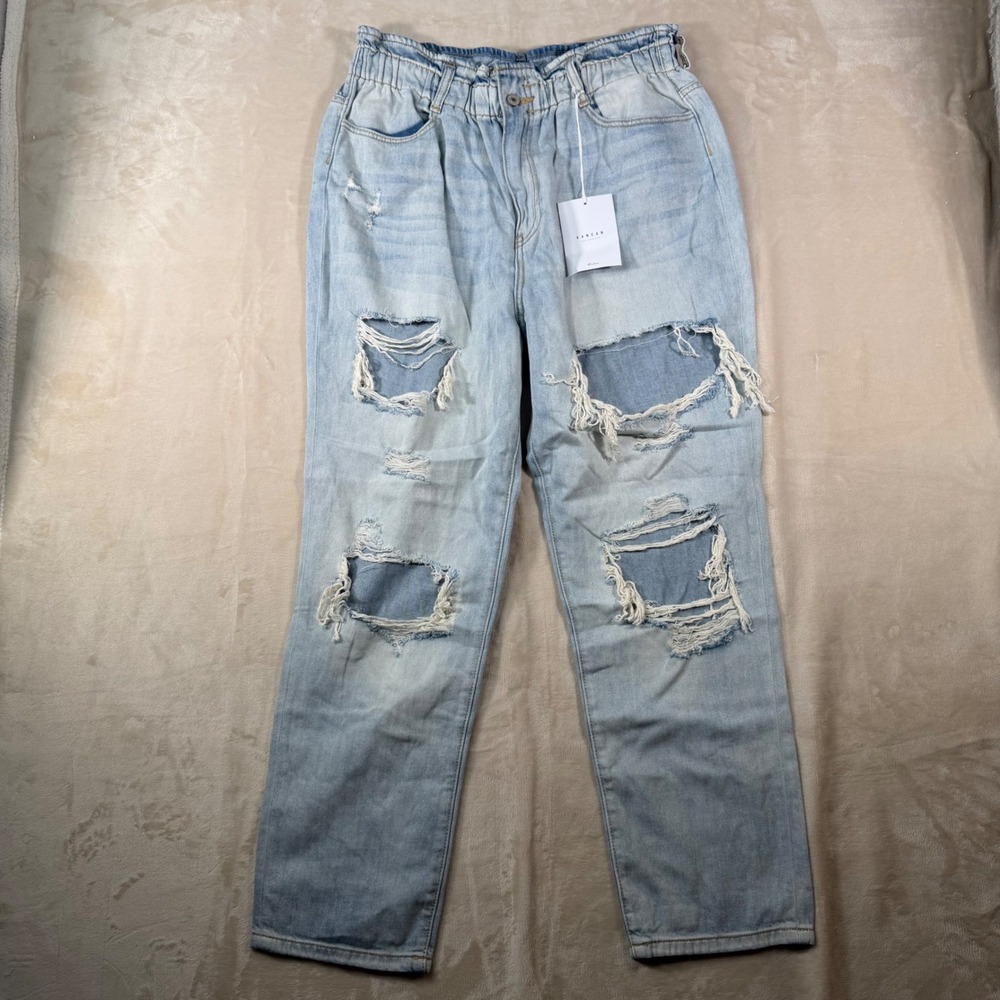KanCan Distressed Relaxed Jeans Women 15/31 Light Wash NEW Paperbag Waist Blue